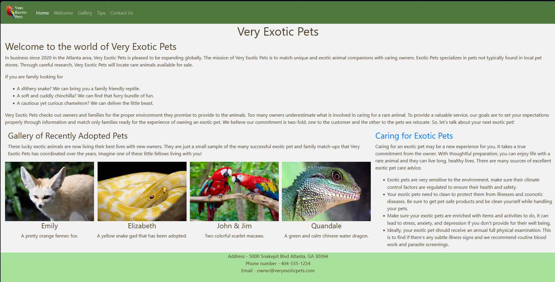 An image of the Very Exotic Pets website